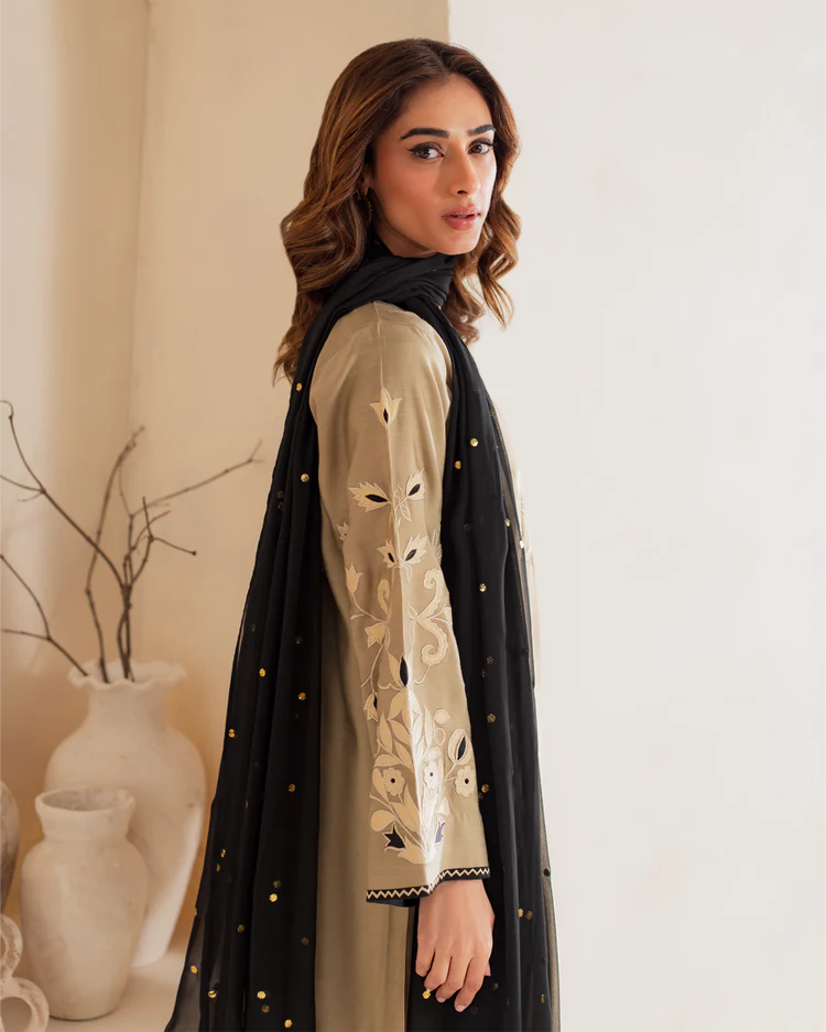 VINTAGE-3PC DHANAK EMBROIDERED SHIRT WITH CHIFFON EMB DUPATTA AND TROUSER-ADR-4292