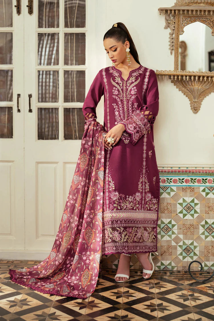 JAZMIN-3PC DHANAK EMBROIDERED SHIRT WITH COURTRAI WOOL PRINTED SHAWL AND TROUSER-ADR-4185
