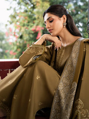 IZEL-3PC DHANAK EMBROIDERED SHIRT WITH COURTRAI PRINTED SHAWL & TROUSER-ADR-4376