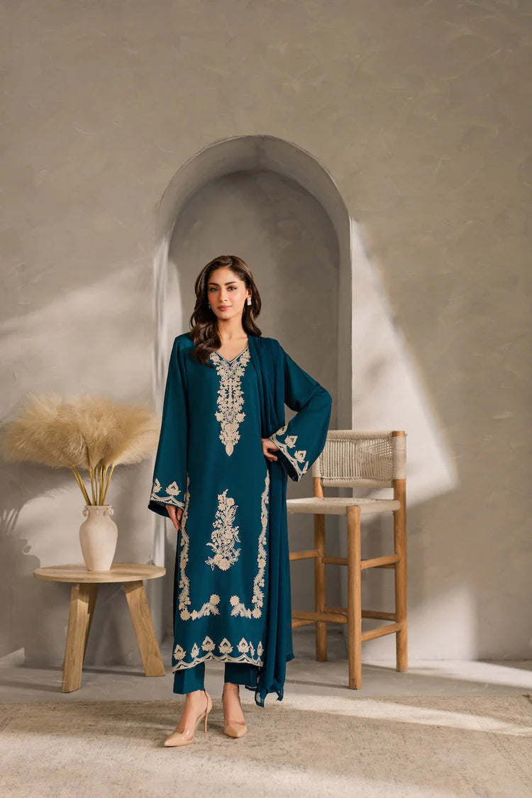 VINTAGE-3PC DHANAK EMBROIDERED SHIRT WITH BAMBER CHIFFON DUPATTA AND TROUSER-ADR-4259