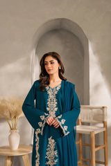 VINTAGE-3PC DHANAK EMBROIDERED SHIRT WITH BAMBER CHIFFON DUPATTA AND TROUSER-ADR-4259