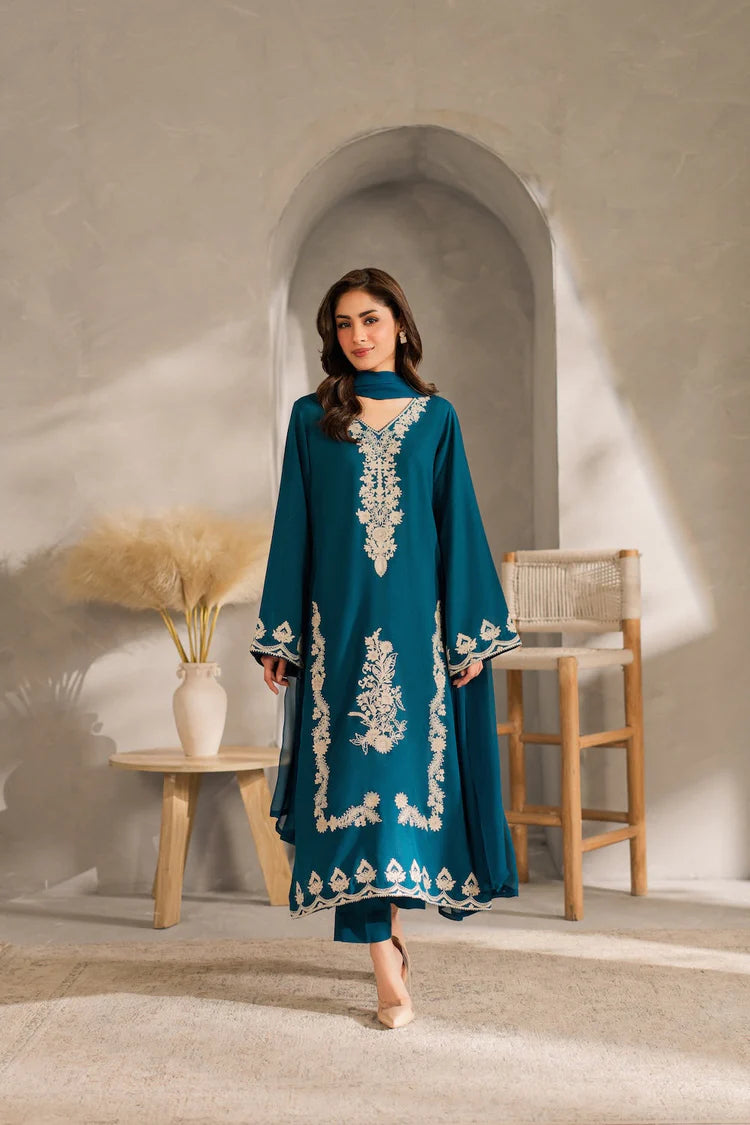 VINTAGE-3PC DHANAK EMBROIDERED SHIRT WITH BAMBER CHIFFON DUPATTA AND TROUSER-ADR-4259