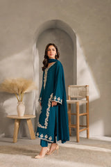 VINTAGE-3PC DHANAK EMBROIDERED SHIRT WITH BAMBER CHIFFON DUPATTA AND TROUSER-ADR-4259