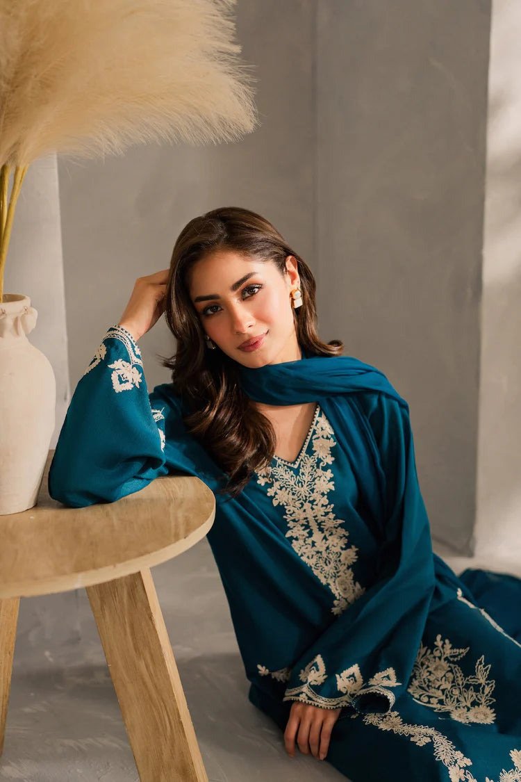 VINTAGE-3PC DHANAK EMBROIDERED SHIRT WITH BAMBER CHIFFON DUPATTA AND TROUSER-ADR-4259