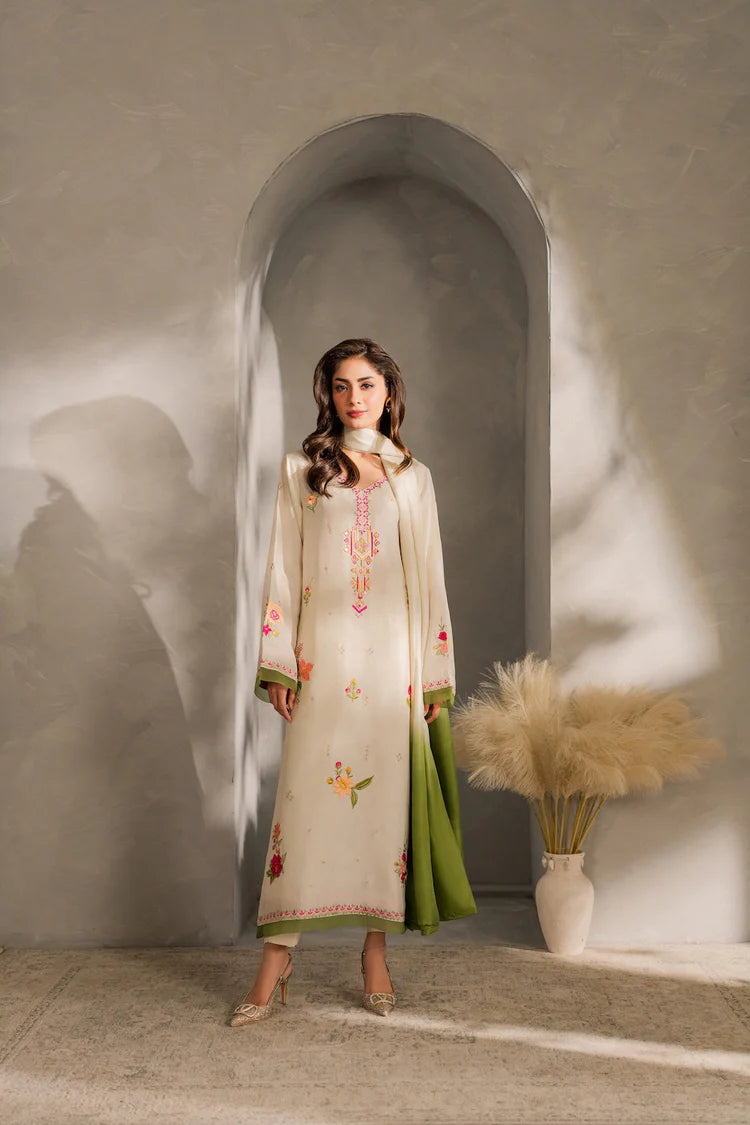 MIRANA-3PC DHANAK EMBROIDERED SHIRT WITH BAMBER CHIFFON DUPATTA AND TROUSER-ADR-4289