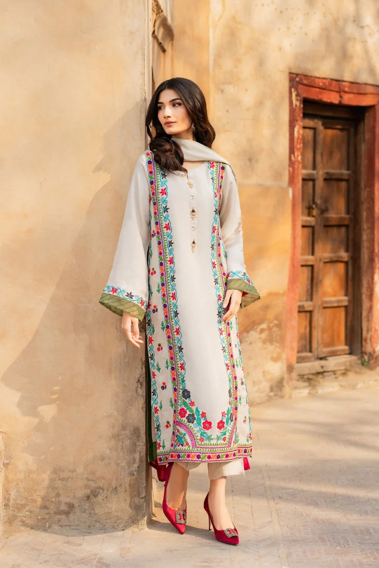 MIRANA-3PC RAW SILK EMBROIDERED SHIRT WITH CHIFFON TYE&DYE DUPATTA AND TROUSER-ADR-5150