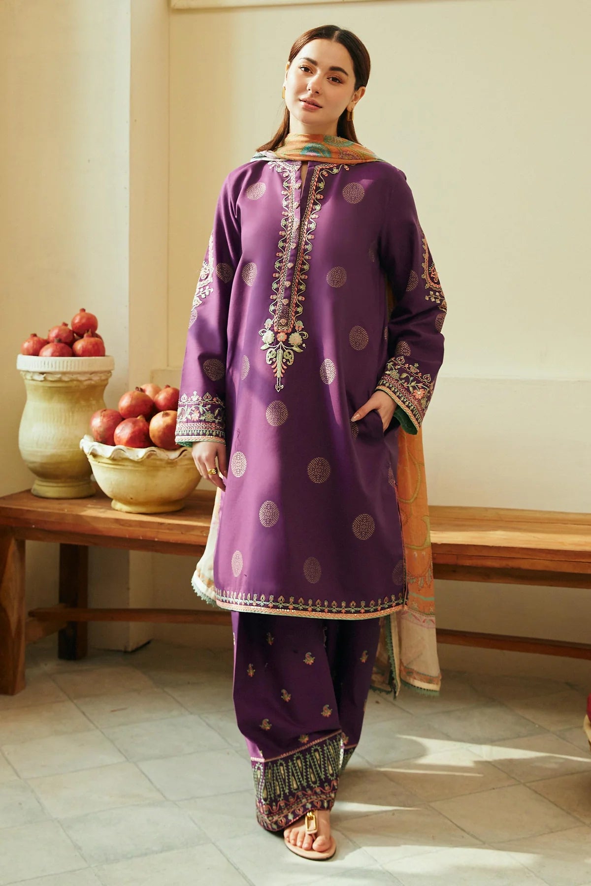 ZARA SHAHJAHAN- 3PC LAWN EMBROIDERED SHIRT WITH BAMBER CHIFFON PRINT DUPATTA-ADR-2740-PLUM