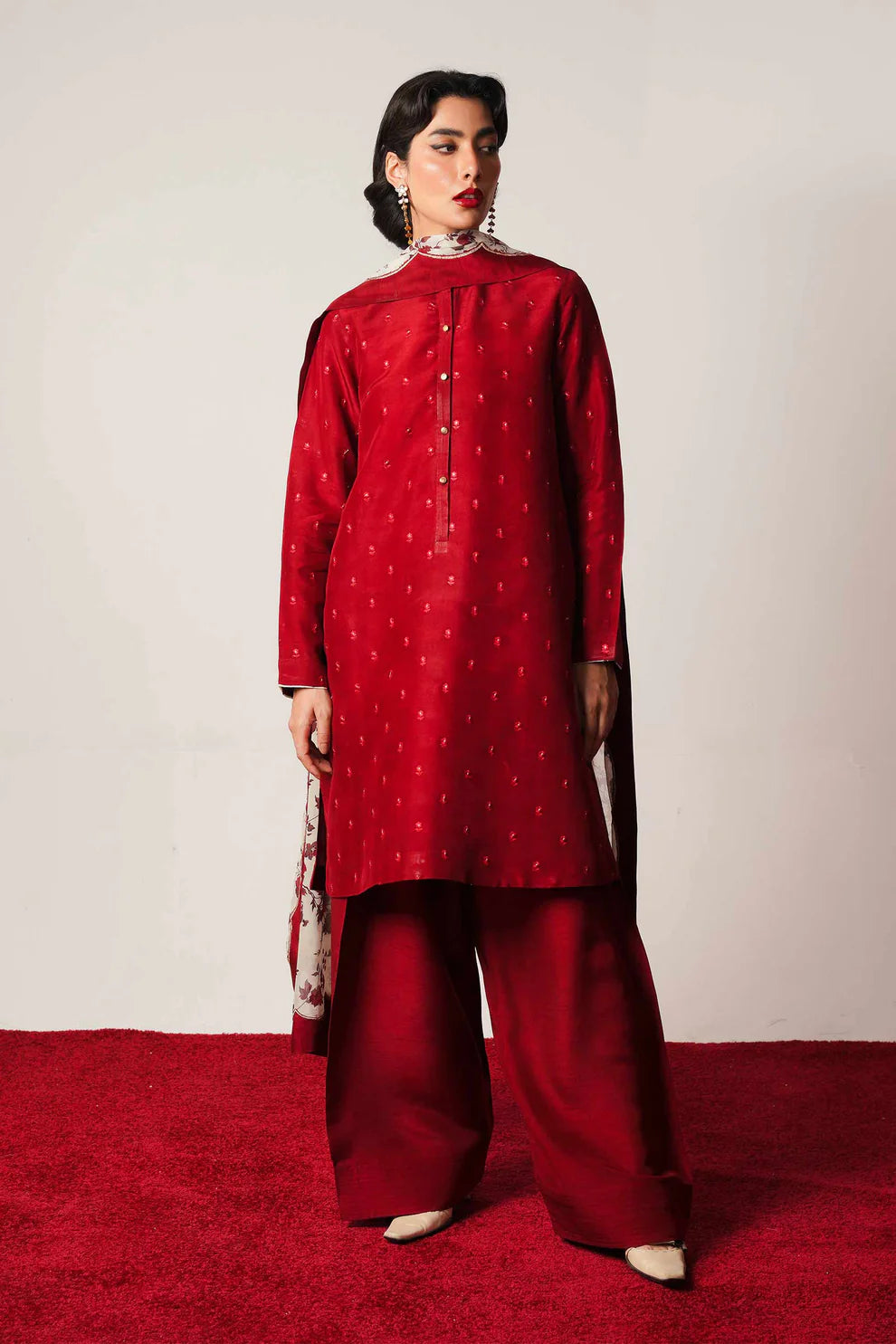 ZARA SHAHJAHAN - 3PC DHANAK EMBROIDERED SHIRT WITH COUTURE WOOL PRINTED SHAWL AND DHANAK TROUSER-ADR-1249