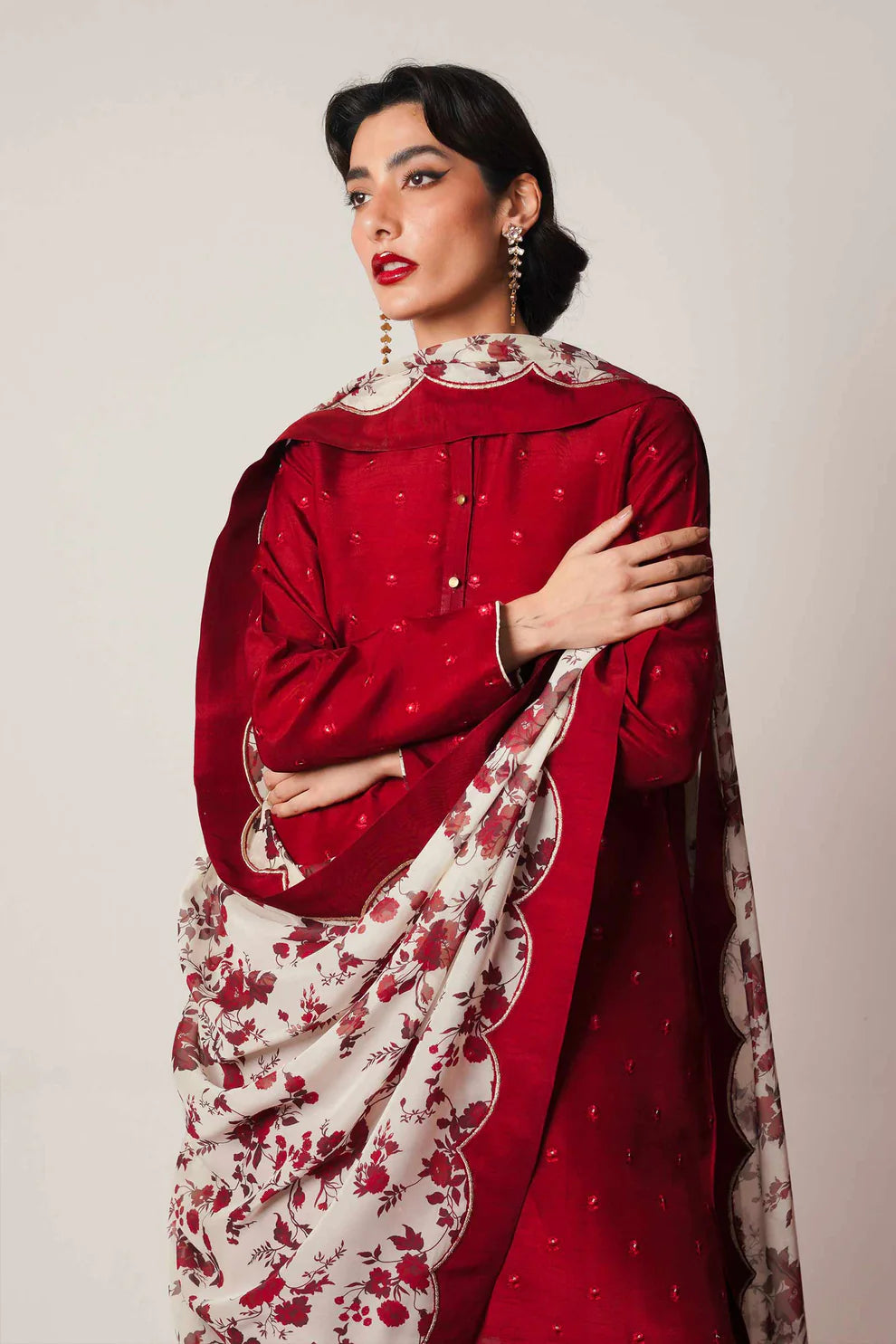 ZARA SHAHJAHAN - 3PC DHANAK EMBROIDERED SHIRT WITH COUTURE WOOL PRINTED SHAWL AND DHANAK TROUSER-ADR-1249