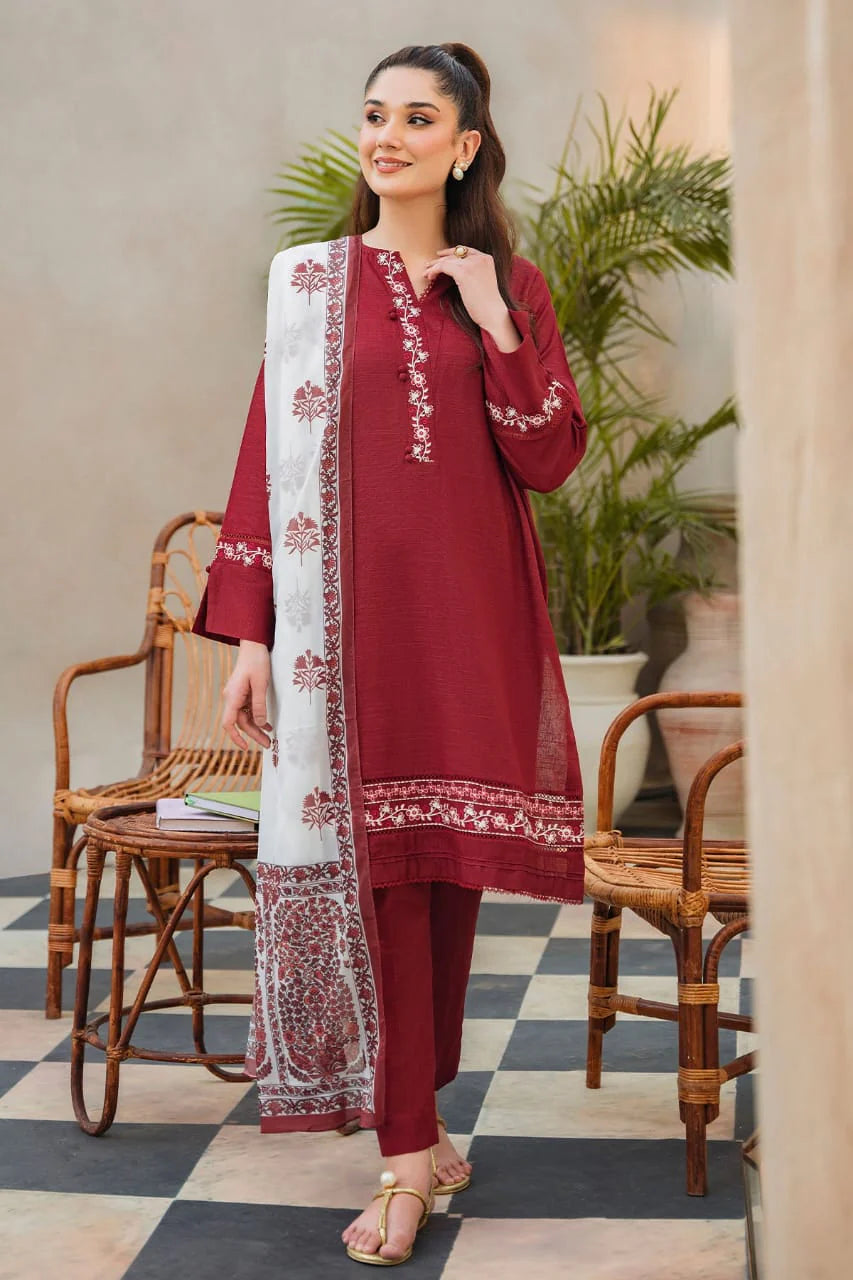 ZIVA - 3PC DHANAK EMBROIDERED SHIRT WITH COUTURE PRINTED SHAWL AND TROUSER-ADR-3221