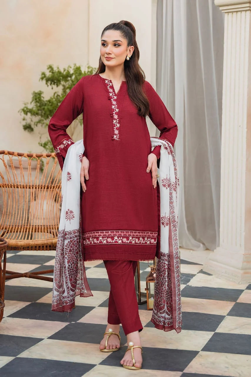 ZIVA - 3PC DHANAK EMBROIDERED SHIRT WITH COUTURE PRINTED SHAWL AND TROUSER-ADR-3221