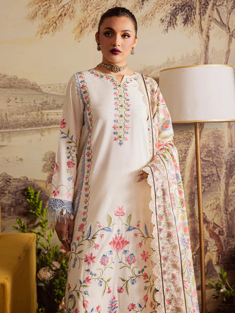 MAHNUR-3PC DHANAK EMBROIDERED SHIRT WITH COURTRAI PRINTED SHAWL & TROUSER-ADR-4329