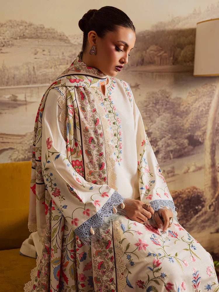 MAHNUR-3PC DHANAK EMBROIDERED SHIRT WITH COURTRAI PRINTED SHAWL & TROUSER-ADR-4329