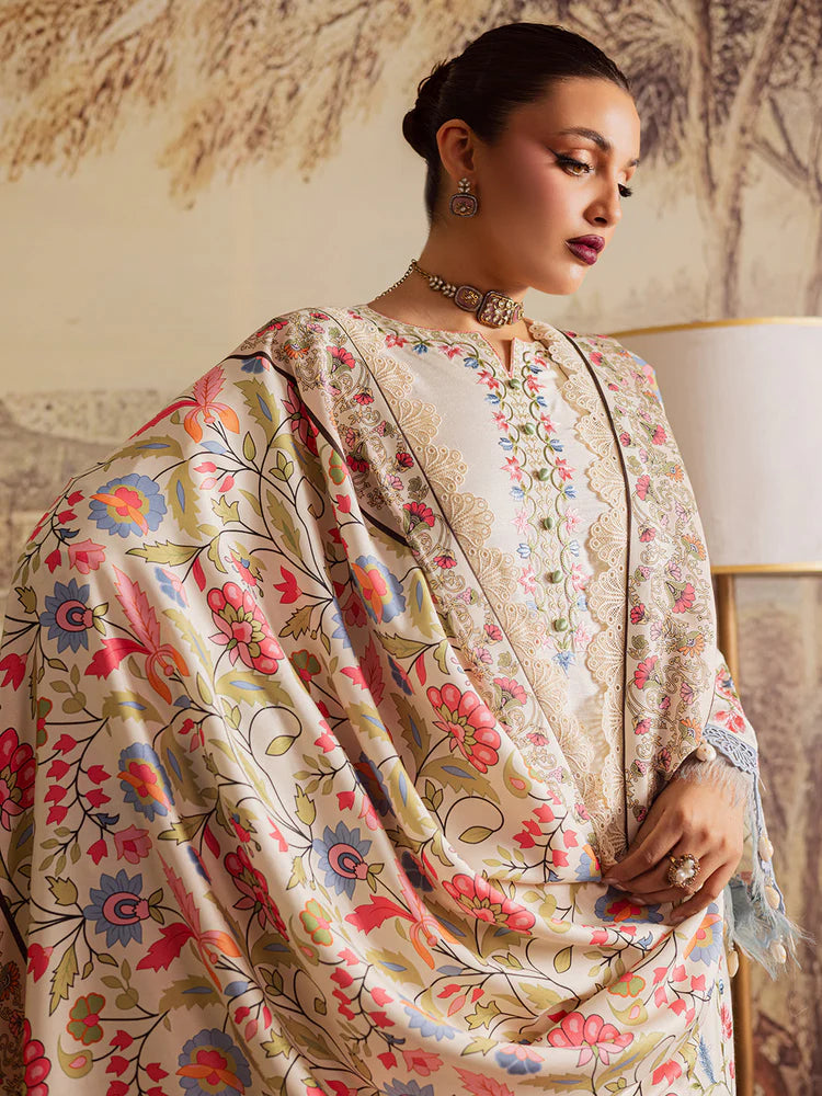 MAHNUR-3PC DHANAK EMBROIDERED SHIRT WITH COURTRAI PRINTED SHAWL & TROUSER-ADR-4329