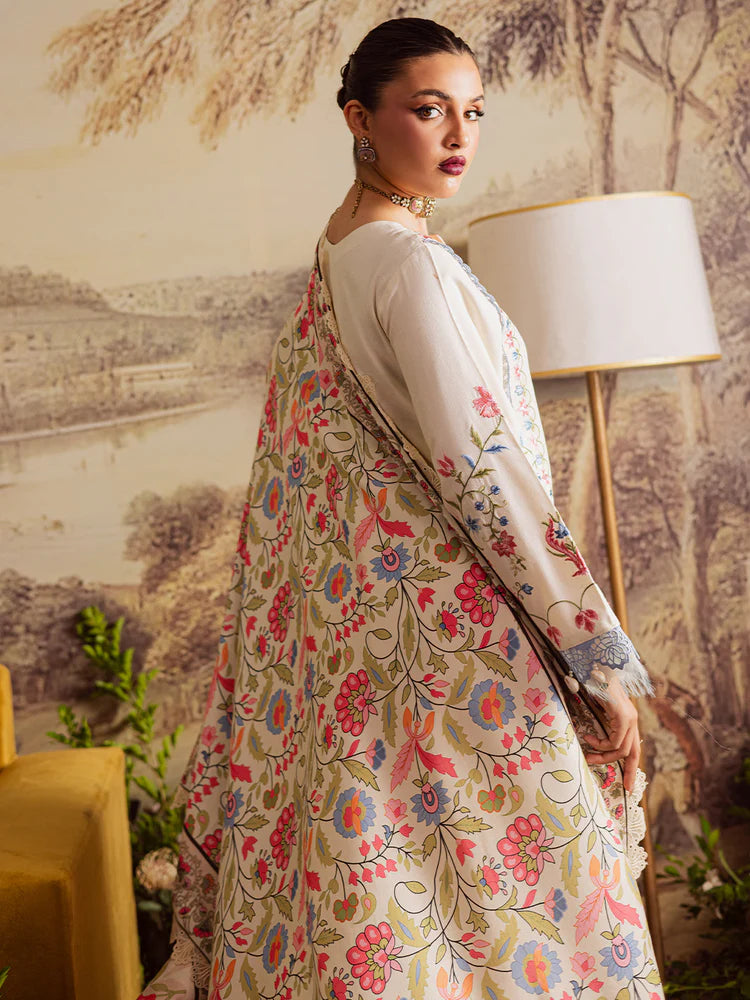 MAHNUR-3PC DHANAK EMBROIDERED SHIRT WITH COURTRAI PRINTED SHAWL & TROUSER-ADR-4329