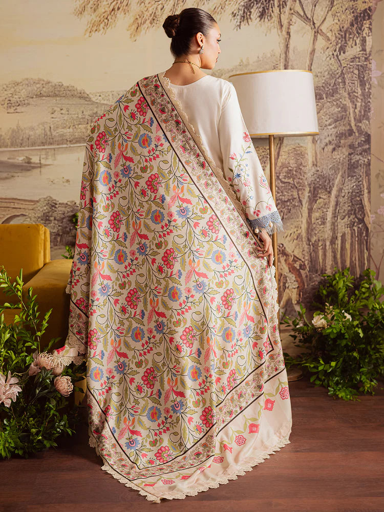 MAHNUR-3PC DHANAK EMBROIDERED SHIRT WITH COURTRAI PRINTED SHAWL & TROUSER-ADR-4329