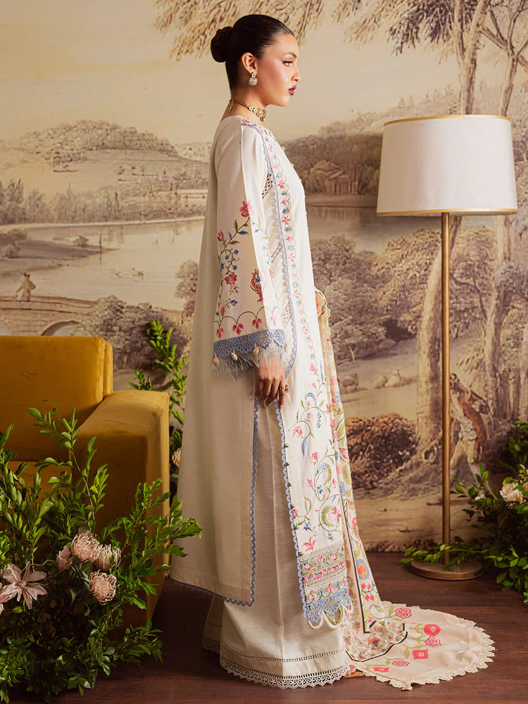 MAHNUR-3PC DHANAK EMBROIDERED SHIRT WITH COURTRAI PRINTED SHAWL & TROUSER-ADR-4329