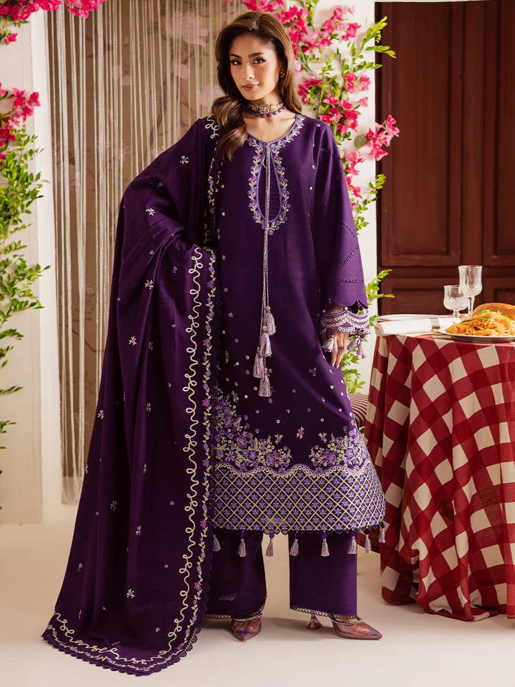 MAHNUR-3PC DHANAK EMBROIDERED SHIRT WITH DHANAK EMBROIDERED SHAWL & TROUSER-ADR-4328