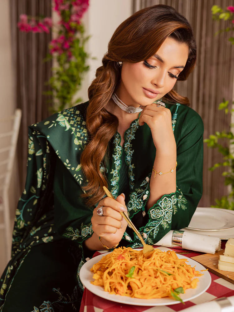 MAHNUR-3PC DHANAK EMBROIDERED SHIRT WITH COURTRAI PRINTED SHAWL & TROUSER-ADR-4327