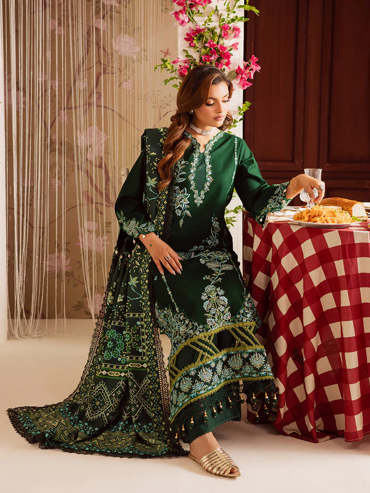 MAHNUR-3PC DHANAK EMBROIDERED SHIRT WITH COURTRAI PRINTED SHAWL & TROUSER-ADR-4327
