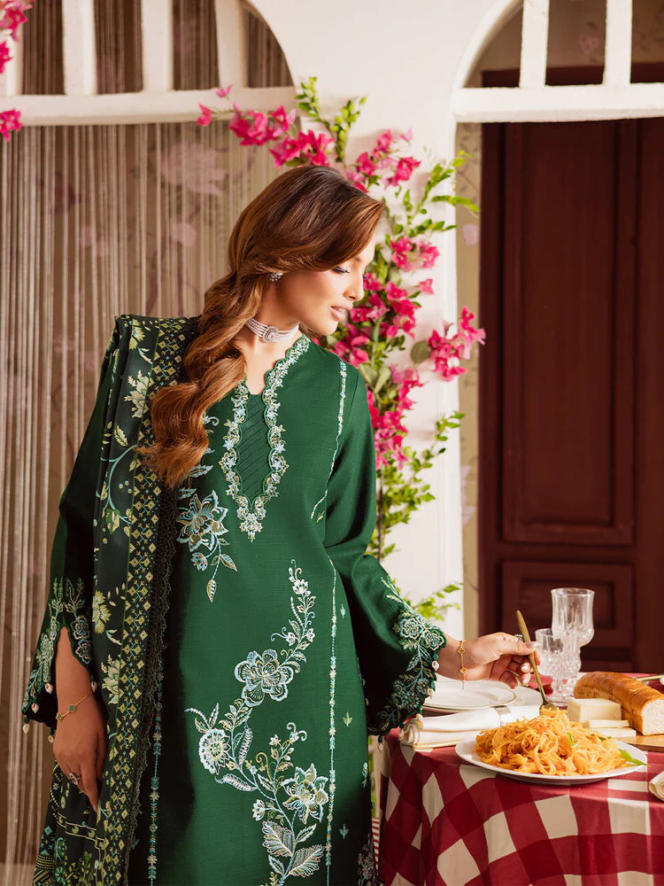 MAHNUR-3PC DHANAK EMBROIDERED SHIRT WITH COURTRAI PRINTED SHAWL & TROUSER-ADR-4327