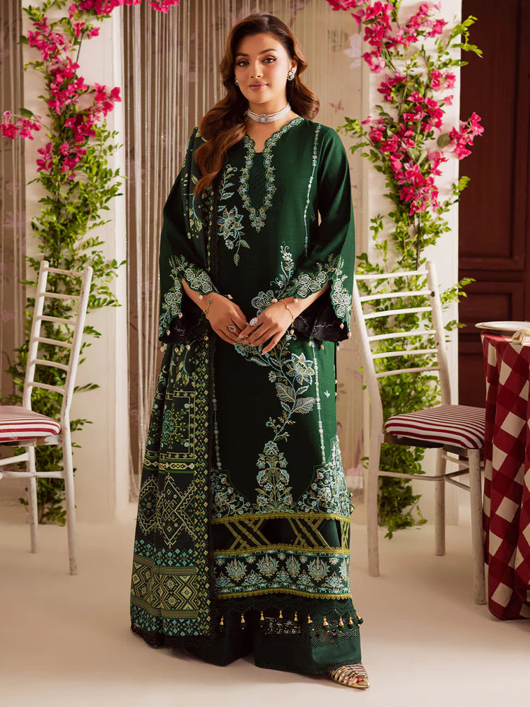 MAHNUR-3PC DHANAK EMBROIDERED SHIRT WITH COURTRAI PRINTED SHAWL & TROUSER-ADR-4327