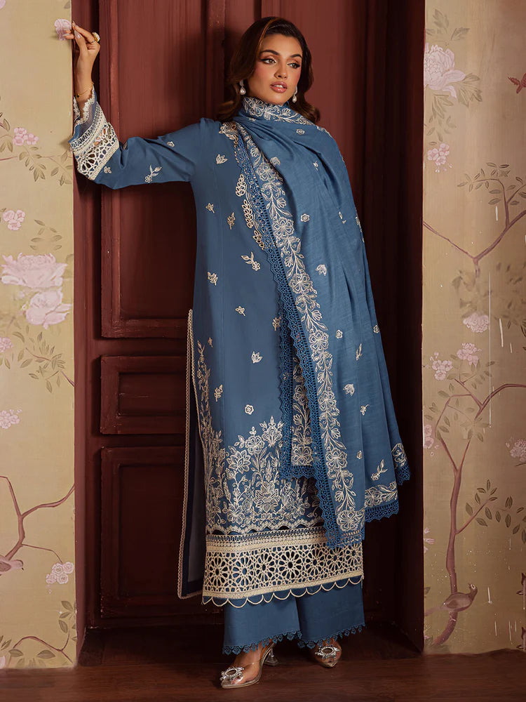 MAHNUR-3PC DHANAK EMBROIDERED SHIRT WITH DHANAK EMBROIDERED SHAWL & TROUSER-ADR-4323