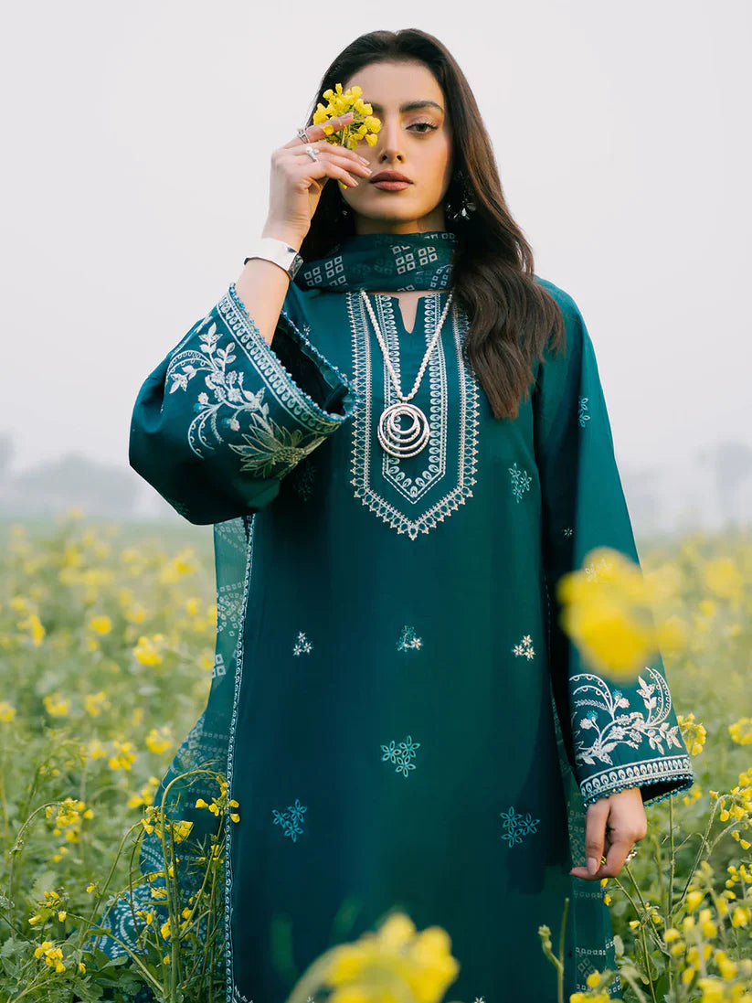 IZEL-3PC LAWN EMBROIDERED SHIRT WITH MONARK PRINT DUPATTA AND TROUSER-ADR-3687