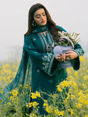 IZEL-3PC DHANAK EMBROIDERED SHIRT WITH COURTRAI PRINTED SHAWL AND TROUSER-ADR-4107
