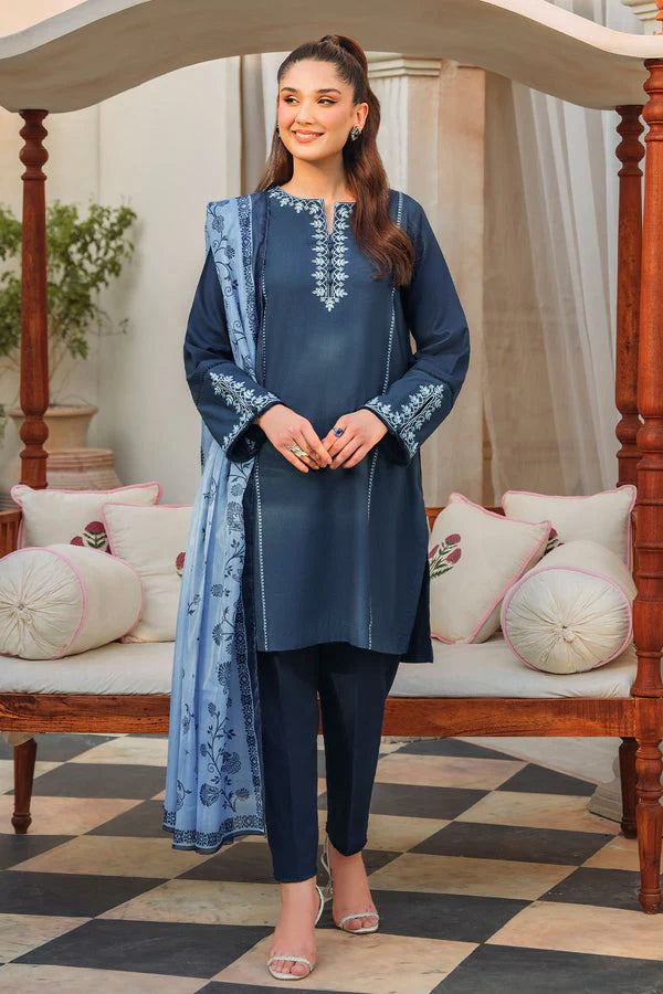 ZIVA-3PC DHANAK EMBROIDERED WITH COUTURE PTINT PRINT-ADR-3220