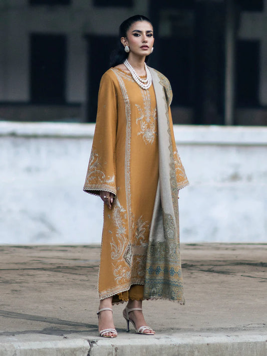 IZEL-3PC DHANAK EMBROIDERED SHIRT WITH COUTRAI PRINTED SHAWL & TROUSER-ADR-4129
