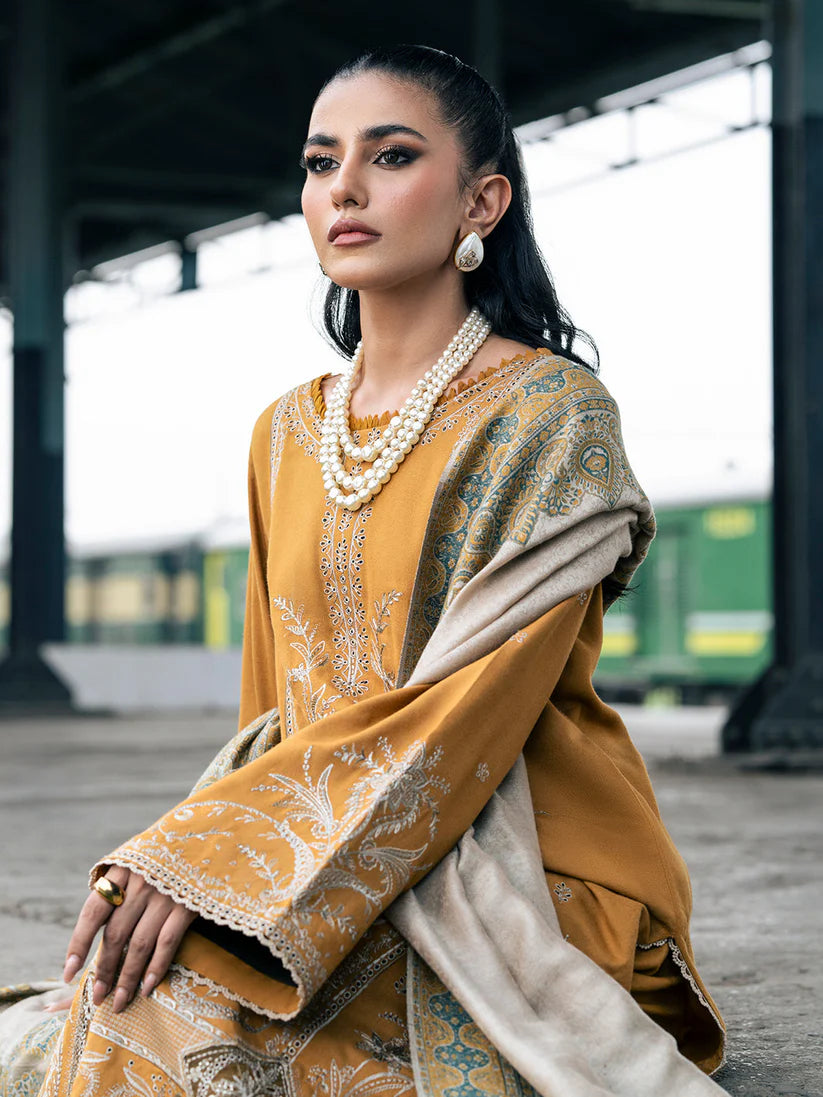 IZEL-3PC DHANAK EMBROIDERED SHIRT WITH COUTRAI PRINTED SHAWL & TROUSER-ADR-4129