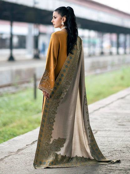 IZEL-3PC DHANAK EMBROIDERED SHIRT WITH COUTRAI PRINTED SHAWL & TROUSER-ADR-4129
