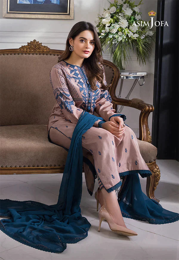 ASIM JOFA-3PC DHANAK EMBROIDERED SHIRT WITH BAMBER CHIFFON DUPATTA-ADR-4079