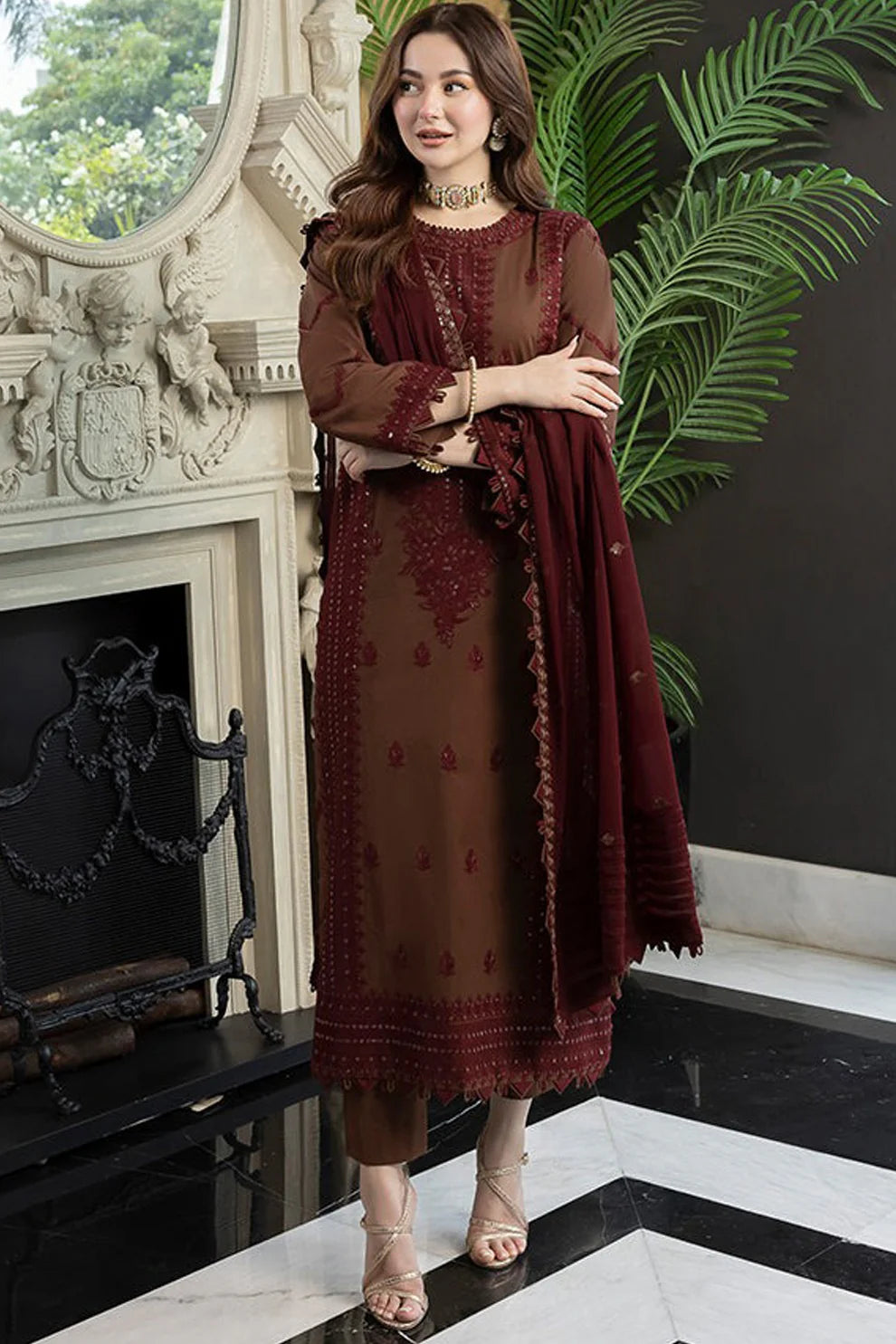 ASIM JOFA- 3PC DHANAK EMBROIDERED SHIRT WITH DHANAK EMBROIDERED SHAWL AND TROUSER-ADR-3279