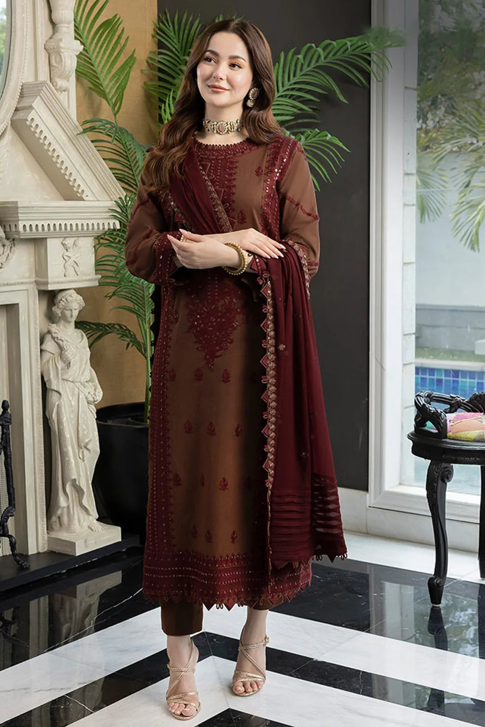 ASIM JOFA- 3PC DHANAK EMBROIDERED SHIRT WITH DHANAK EMBROIDERED SHAWL AND TROUSER-ADR-3279