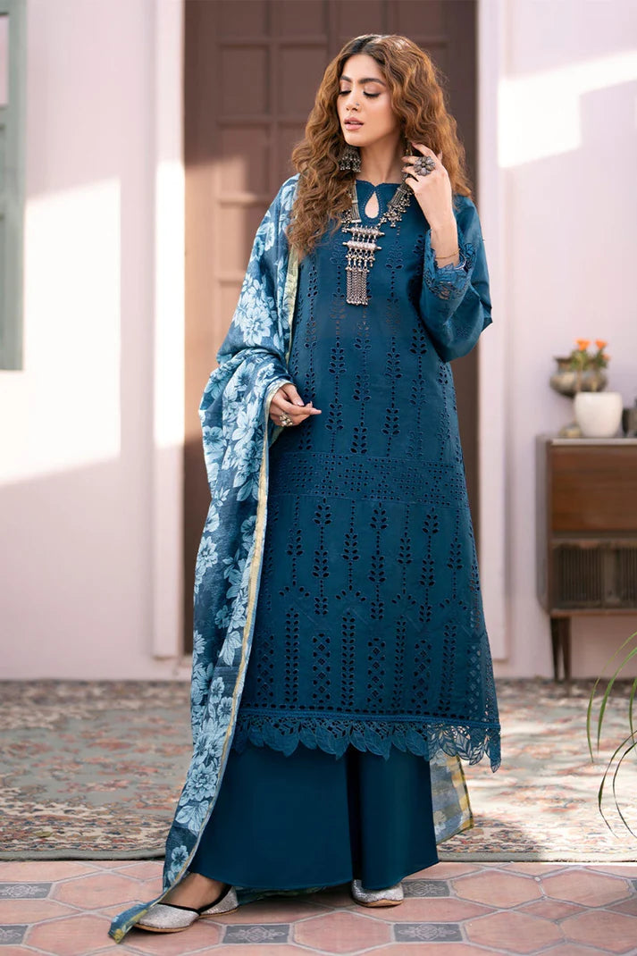 QALAMKAR - 3PC LAWN CHIKANKAARI EMBROIDERED SHIRT WITH PRINTED DUPATTA AND TROUSER-ADR-4027