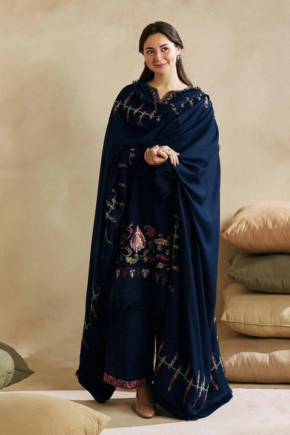 ZARA SHAH JAHAN-3PC DHANAK EMBROIDERED SHIRT WITH DHANAK EMBROIDERED SHAWL AND EMB TROUSER-ADR-4221
