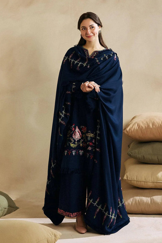 ZARA SHAH JAHAN-3PC DHANAK EMBROIDERED SHIRT WITH DHANAK EMBROIDERED SHAWL AND EMB TROUSER-ADR-4221