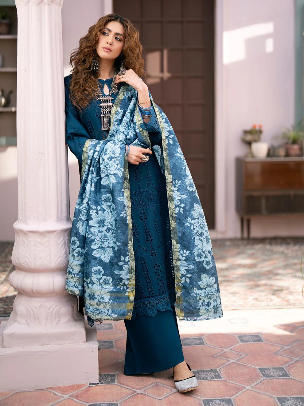 QALAMKAR - 3PC LAWN CHIKANKAARI EMBROIDERED SHIRT WITH PRINTED DUPATTA AND TROUSER-ADR-4027