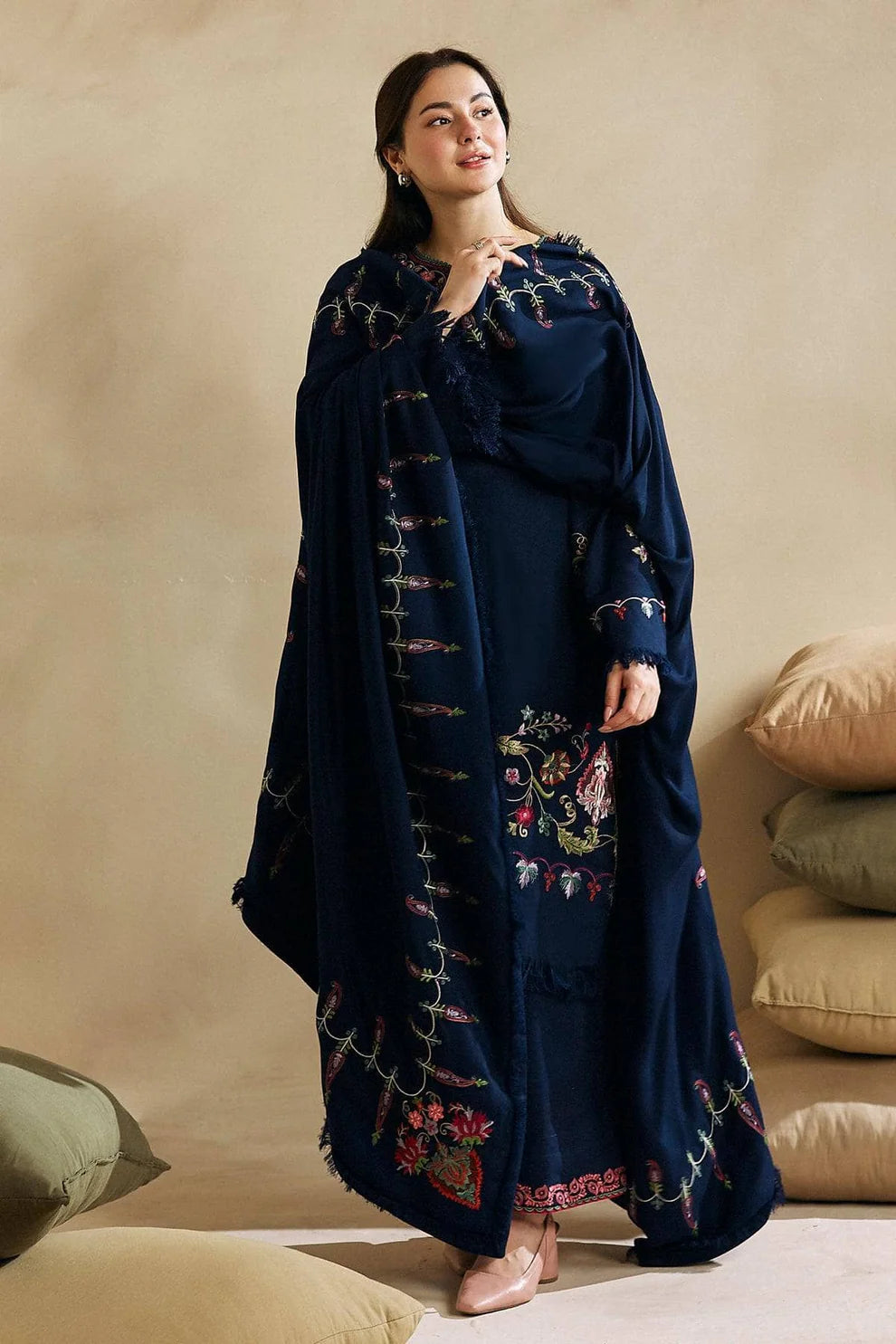 ZARA SHAH JAHAN-3PC DHANAK EMBROIDERED SHIRT WITH DHANAK EMBROIDERED SHAWL AND EMB TROUSER-ADR-4221