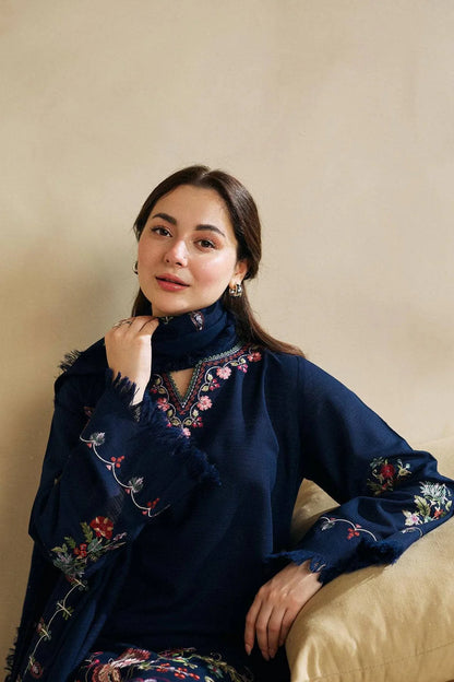ZARA SHAH JAHAN-3PC DHANAK EMBROIDERED SHIRT WITH DHANAK EMBROIDERED SHAWL AND EMB TROUSER-ADR-4221