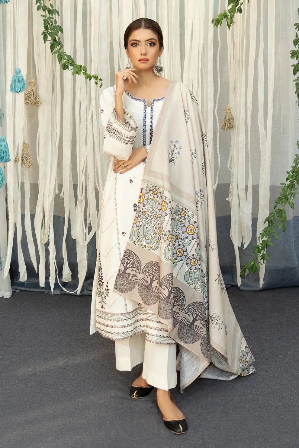 URGE - 3PC DHANAK EMBROIDERED SHIRT WITH COUTURE WOOL SHAWL AND TROUSER-ADR-3112