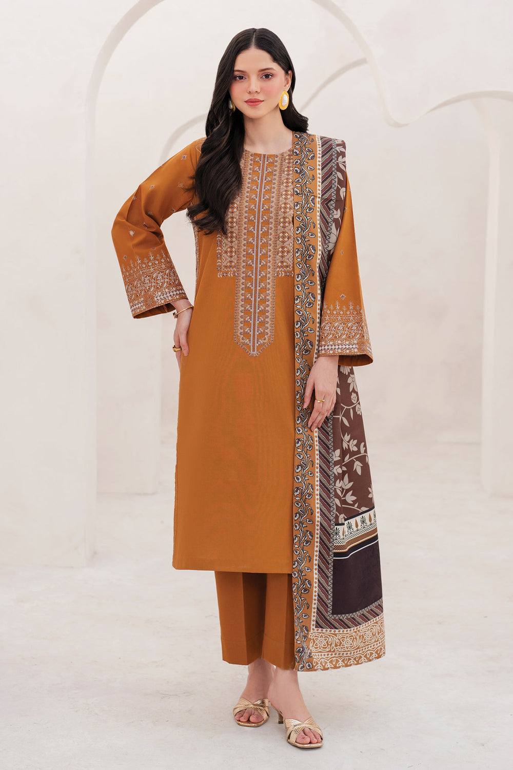 GARNET-3PC DHANAK EMBROIDERED SHIRT WITH COURTRAI PRINTED SHAWL AND TROUSER-ADR-4201