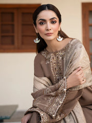 IZEL-3PC DHANAK EMBROIDERED SHIRT WITH COURTRAI PRINTED SHAWL & TROUSER-ADR-4388