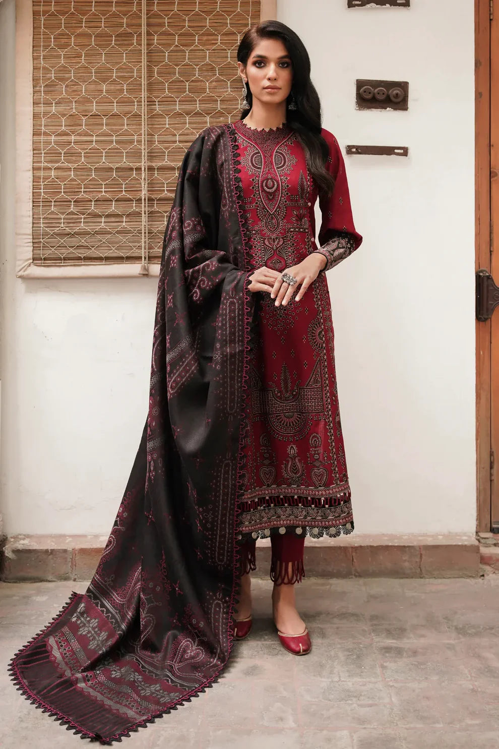 JAZMIN - DHANAK 3PC EMBROIDERED SHIRT WITH COUTURE WOOL PRINT SHAWL-ADR-3149