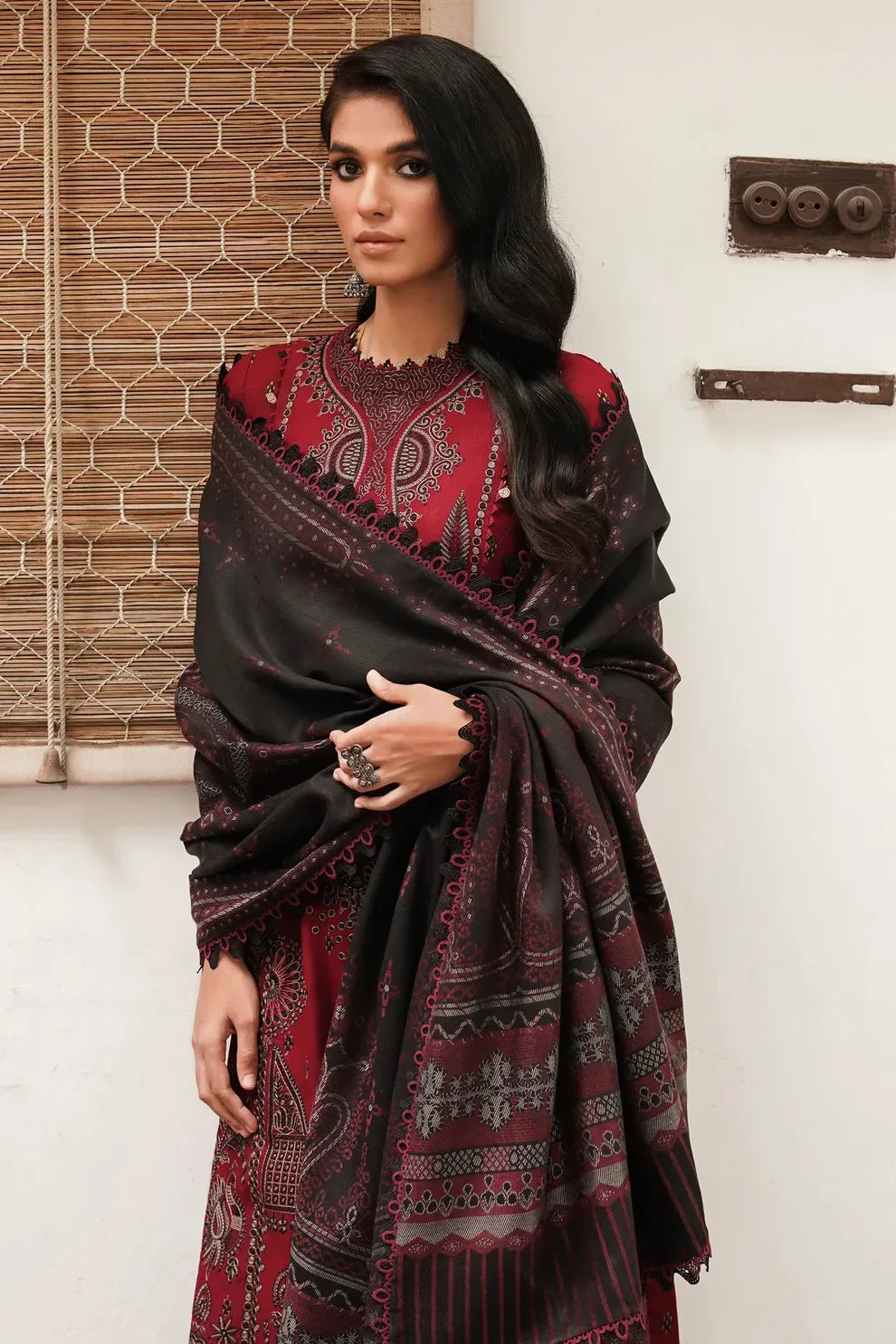 JAZMIN - DHANAK 3PC EMBROIDERED SHIRT WITH COUTURE WOOL PRINT SHAWL-ADR-3149