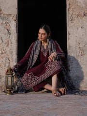 IZEL-3PC DHANAK EMBROIDERED SHIRT WITH COURTRAI PRINTED SHAWL & TROUSER-ADR-4364
