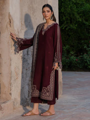 IZEL-3PC DHANAK EMBROIDERED SHIRT WITH COURTRAI PRINTED SHAWL & TROUSER-ADR-4364