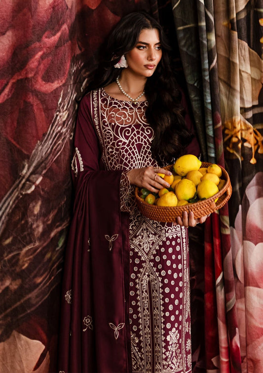 QALAMQAR-3PC CHIKANKAARI LAWN CUTWORK EMBROIDERED SHIRT WITH LAWN EMBROIDERED CUTWORK DUPATTA AND TROUSER-ADR-3642